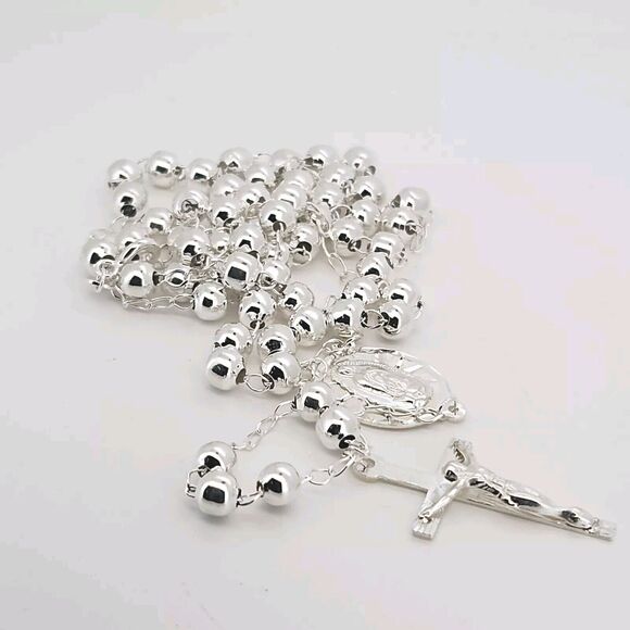 925 Sterling Silver Rosary 5MM Necklace 24"B - Picture 11 of 11
